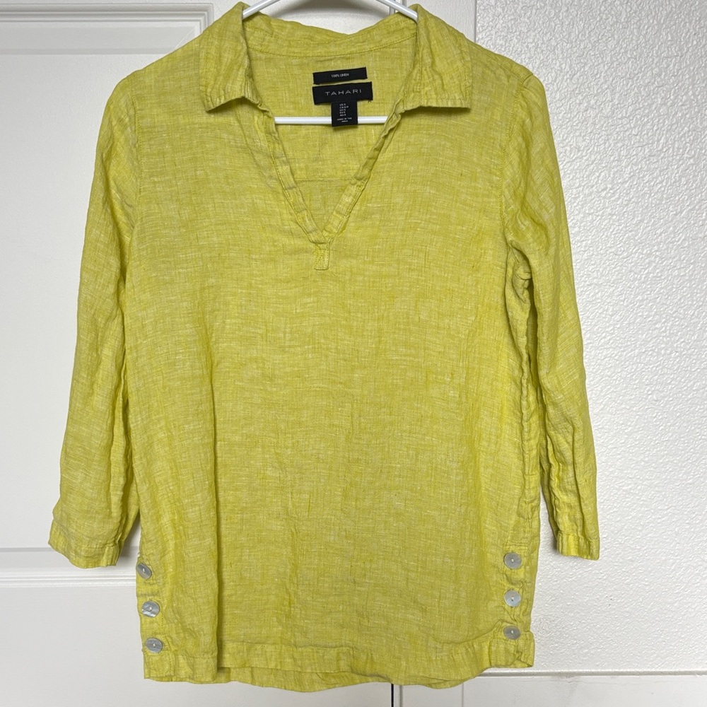 Women’s Coastal 100% Linen Chartreuse Bright Lime Collared V-Neck Tunic Size S